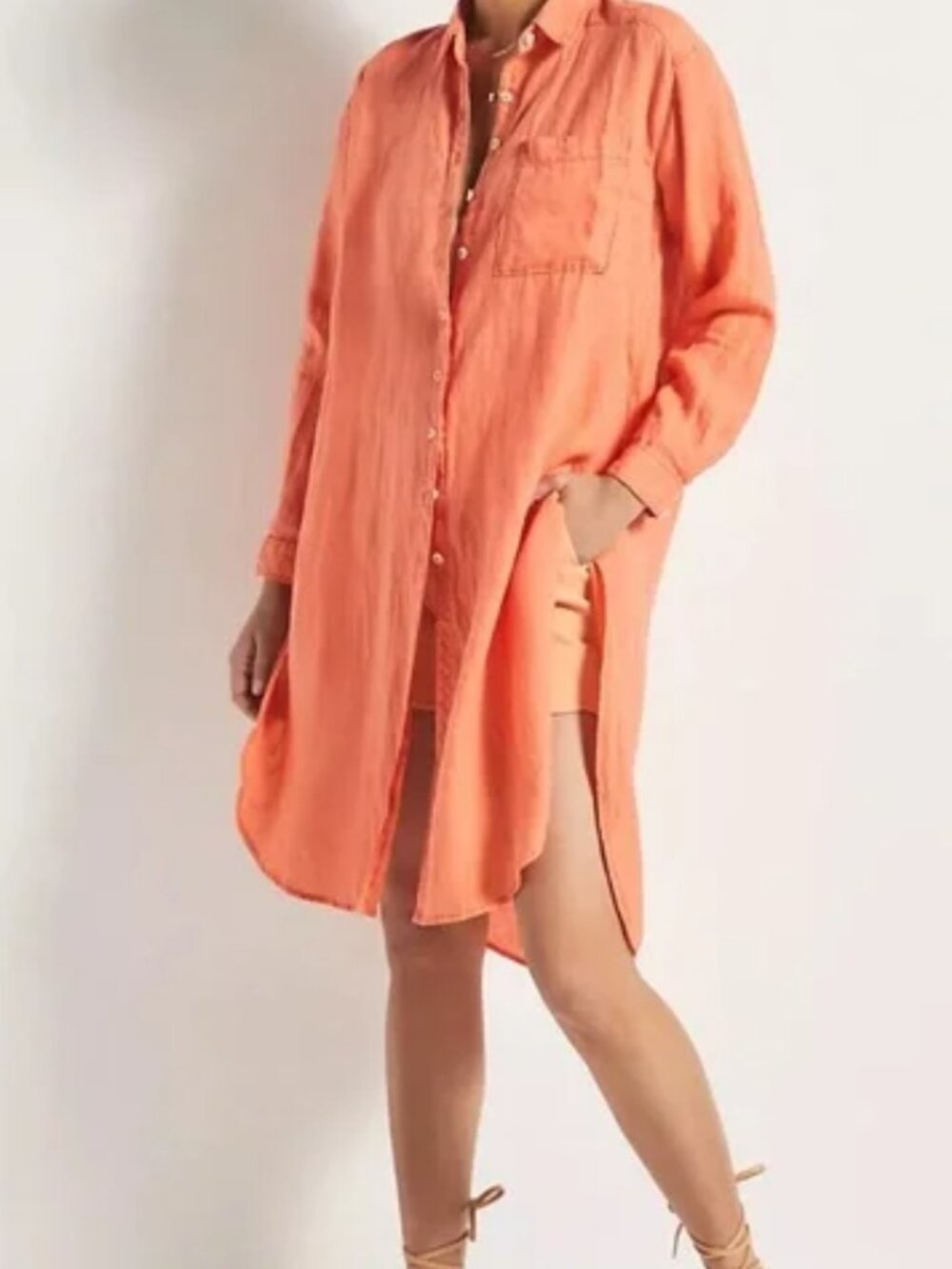 NWT Anthropologie Relaxed Long Sleeve Button Down 100% Linen Tunic Coral Size M